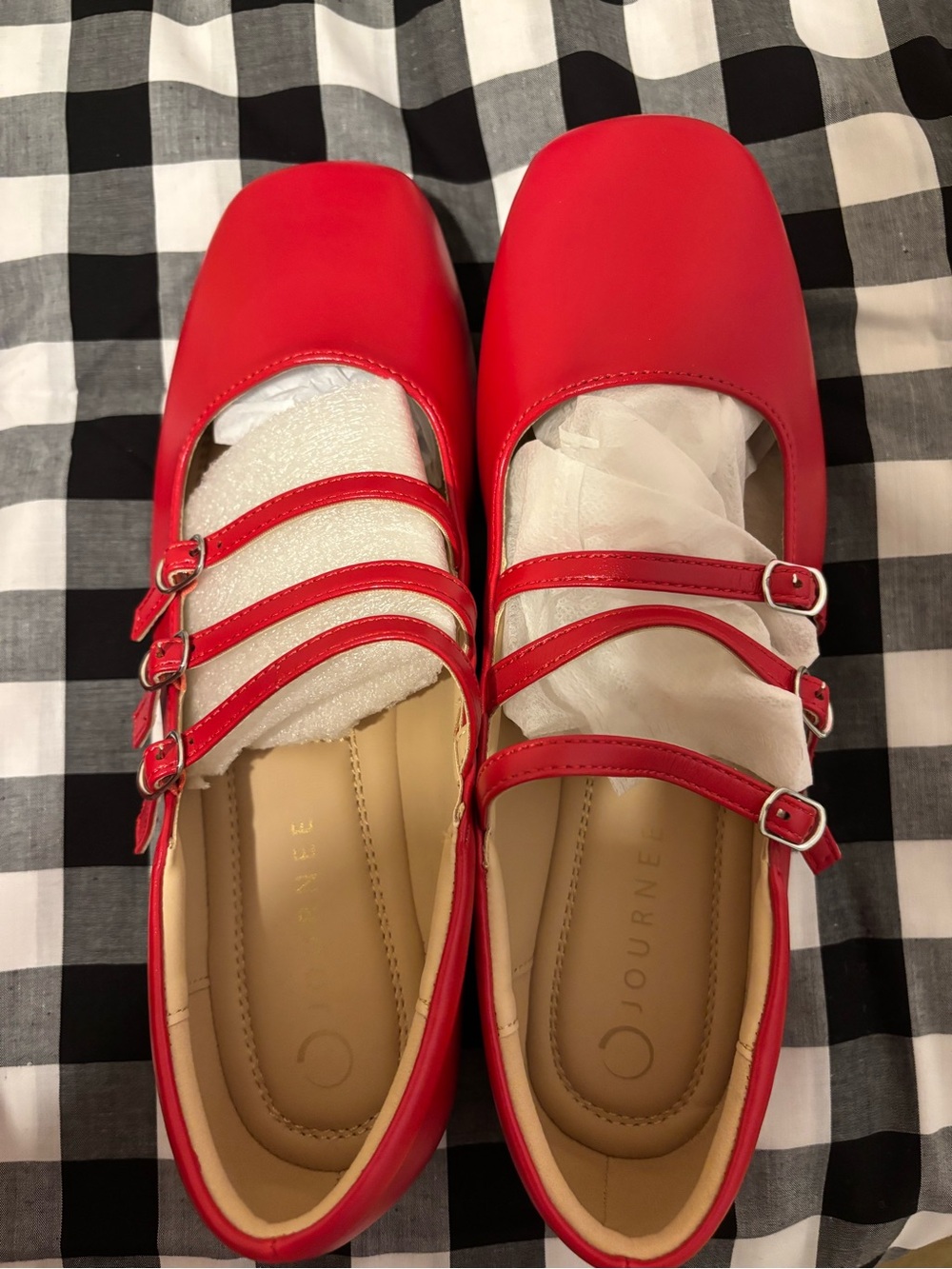 Journee Collection Red Triple-Strap Mary Jane Flats with Buckles